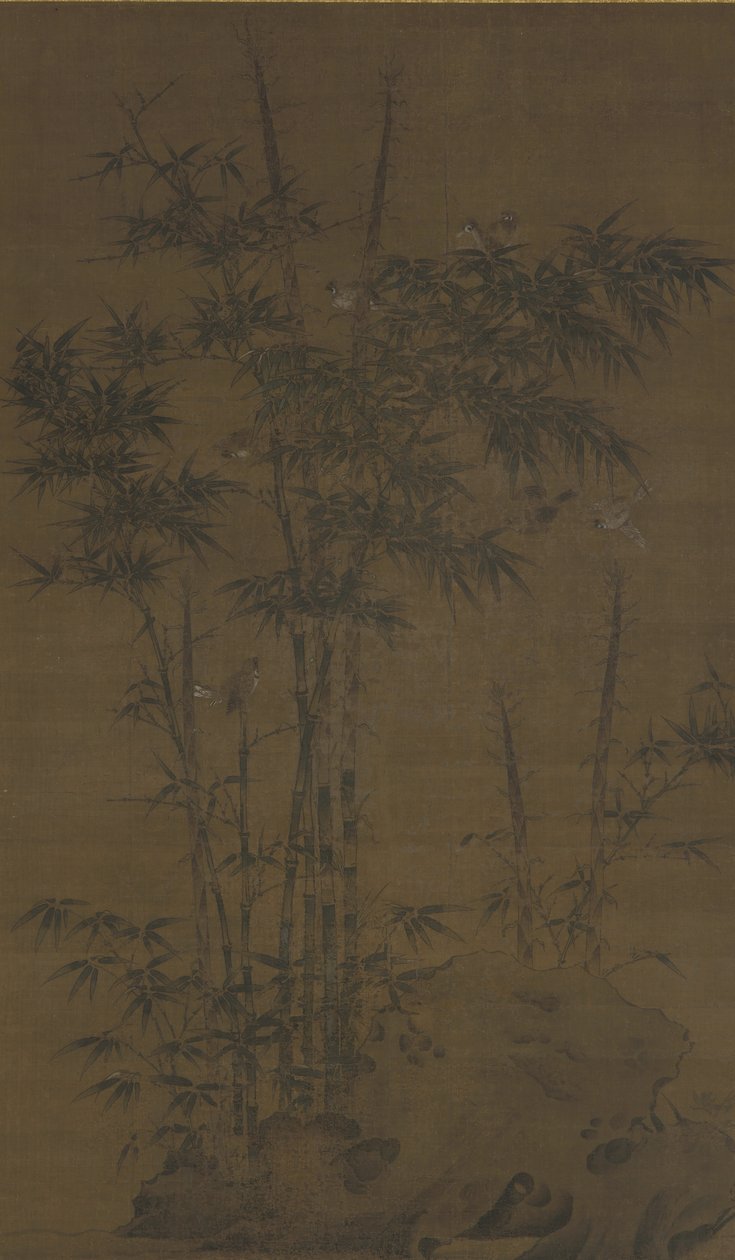 Bambu och sparvar, Yuan- eller Mingdynastin, sent 1300-tal av Chinese School