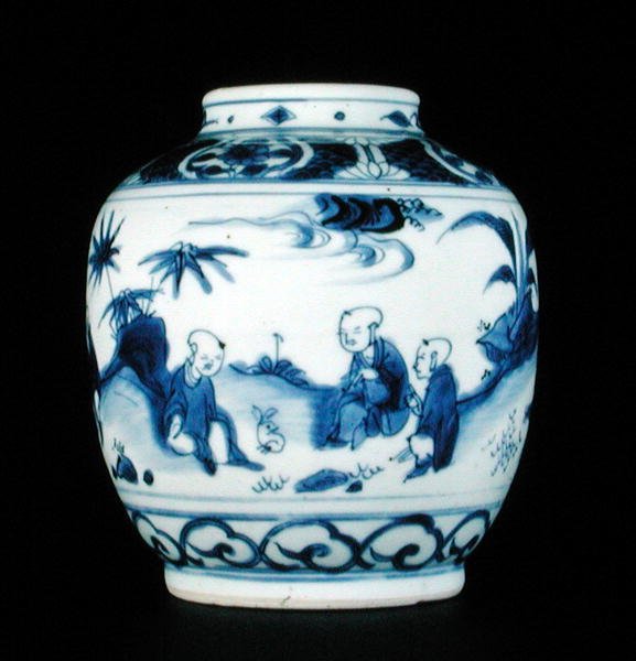 Blå och vit burk målad med en pojke med en hare, Wanli eller Chongzheng, 1600-30 (porslin) (se 206093, 206094, 206096) av Chinese School