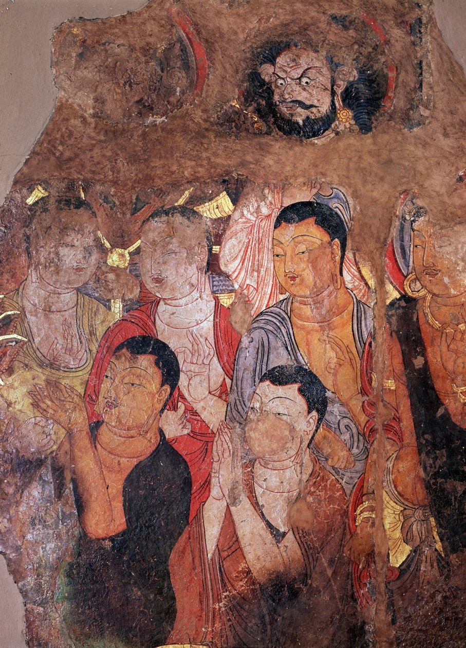 Buddhism: ""Grupp av munkar och Bodhisattva"" (eller bodhisatta) (Bodhisattva och munkar) Fragment av fresk från 800-talet från det kinesiska klostret Shiksha. Mått 144x101 cm Eremitagemuseet, Sankt Petersburg av Chinese School