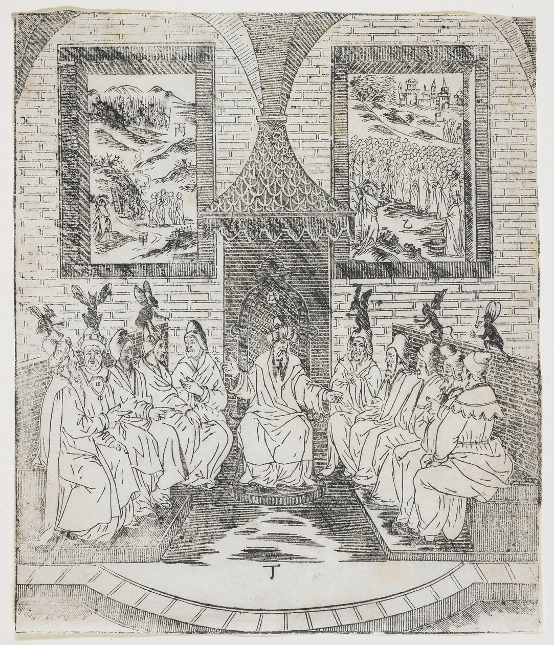 Kaifas och de äldstes råd, tallrik från Giulio Alenis Tianzhu jiangsheng zhuxiang jingjie (En illustrerad historia om himlens Herre som blev inkarnerad i köttet), Jinjiang-kyrkan, Fuji av Chinese School