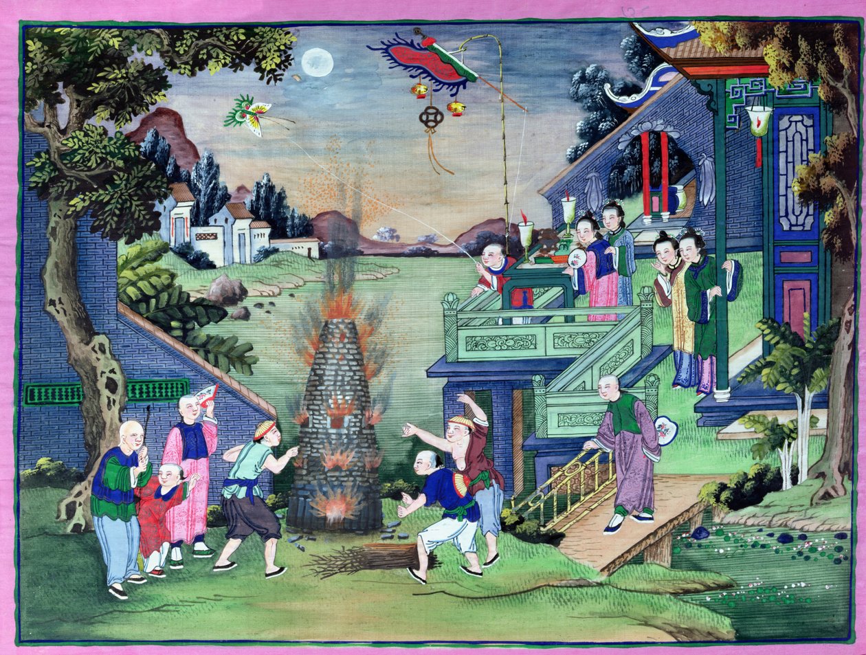 Firande med fyrverkerier och drakar (målad textil) av Chinese School