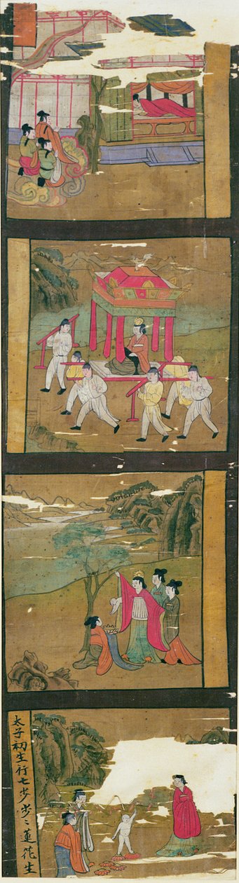 Ch.Lv.0010 Scener från Buddhas Life, Tunhuang, 700-800-talet, (målning på sidenbanner) av Chinese School