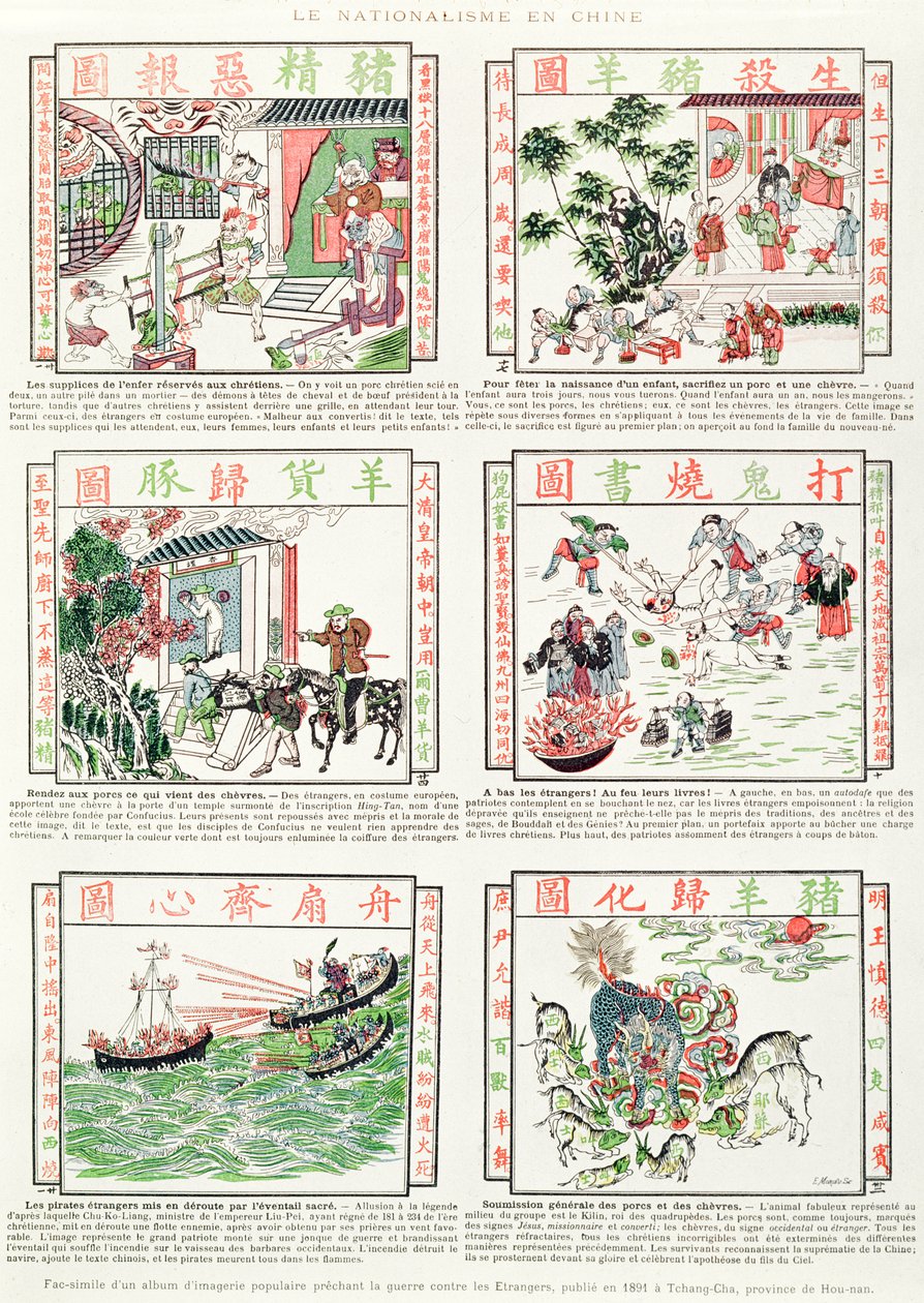 Kinesiska nationalistiska och antieuropeiska bilder, från ett faksimilalbum med populära bilder som predikar krig mot utlänningar, 1891 av Chinese School