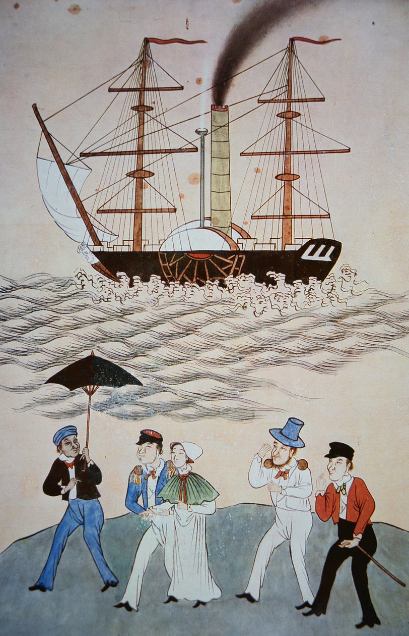 Kinesisk målning av det första brittiska ångfartyget och passagerarna som landar i Kanton ca 1840 (se även 268028). av Chinese School