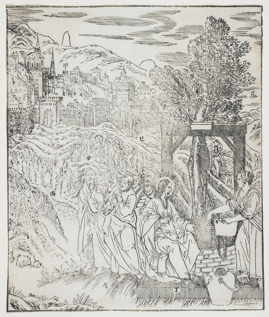Kristus vid brunnen, tallrik från Giulio Alenis Tianzhu jiangsheng zhuxiang jingjie (En illustrerad historia om himlens Herre som blev inkarnerad i köttet), Jinjiang-kyrkan, Fujian-provinsen, Chi av Chinese School