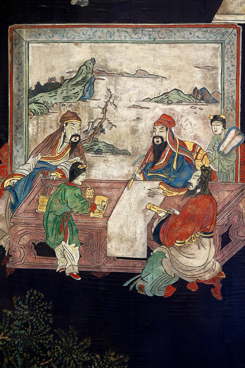 Coromandel lack träpaneler från Kina, detalj, c.1730 av Chinese School
