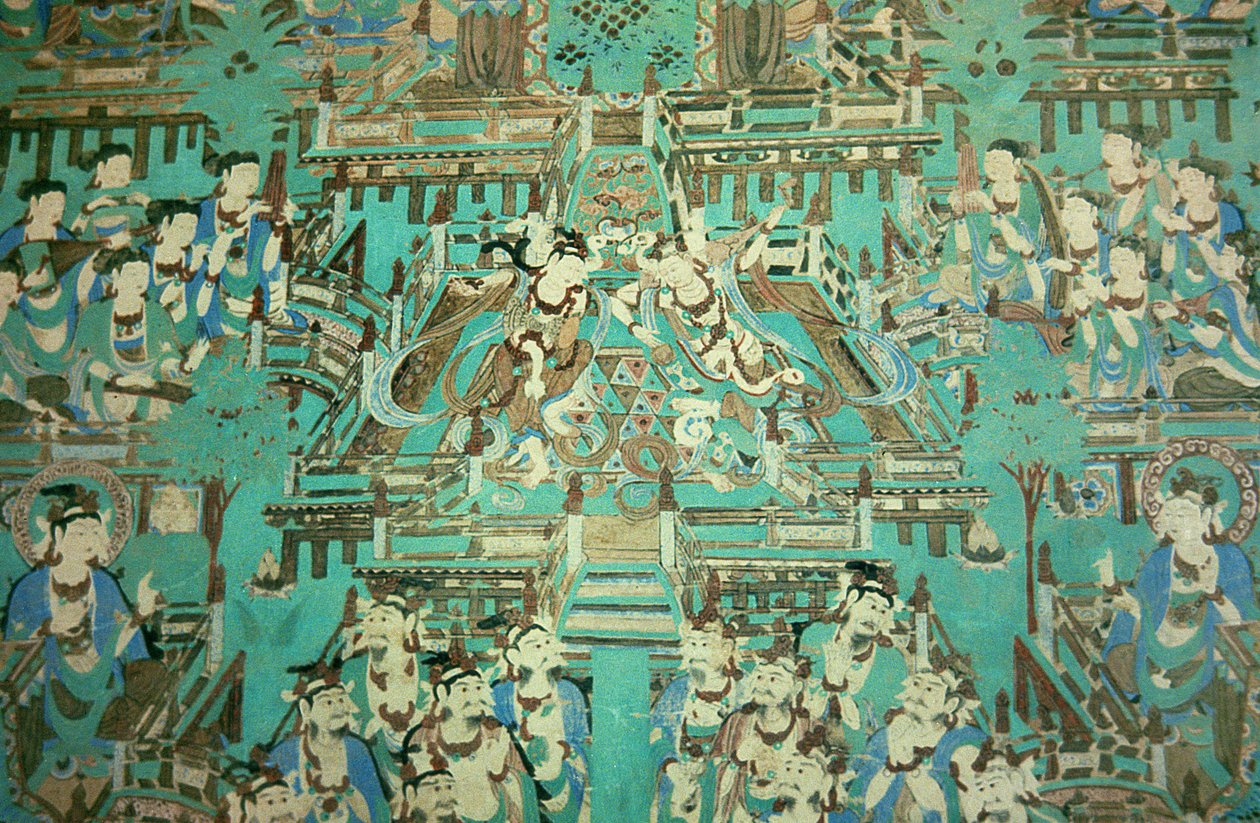 Dansande damer, Tangdynastin, 618-907 (väggmålning) av Chinese School