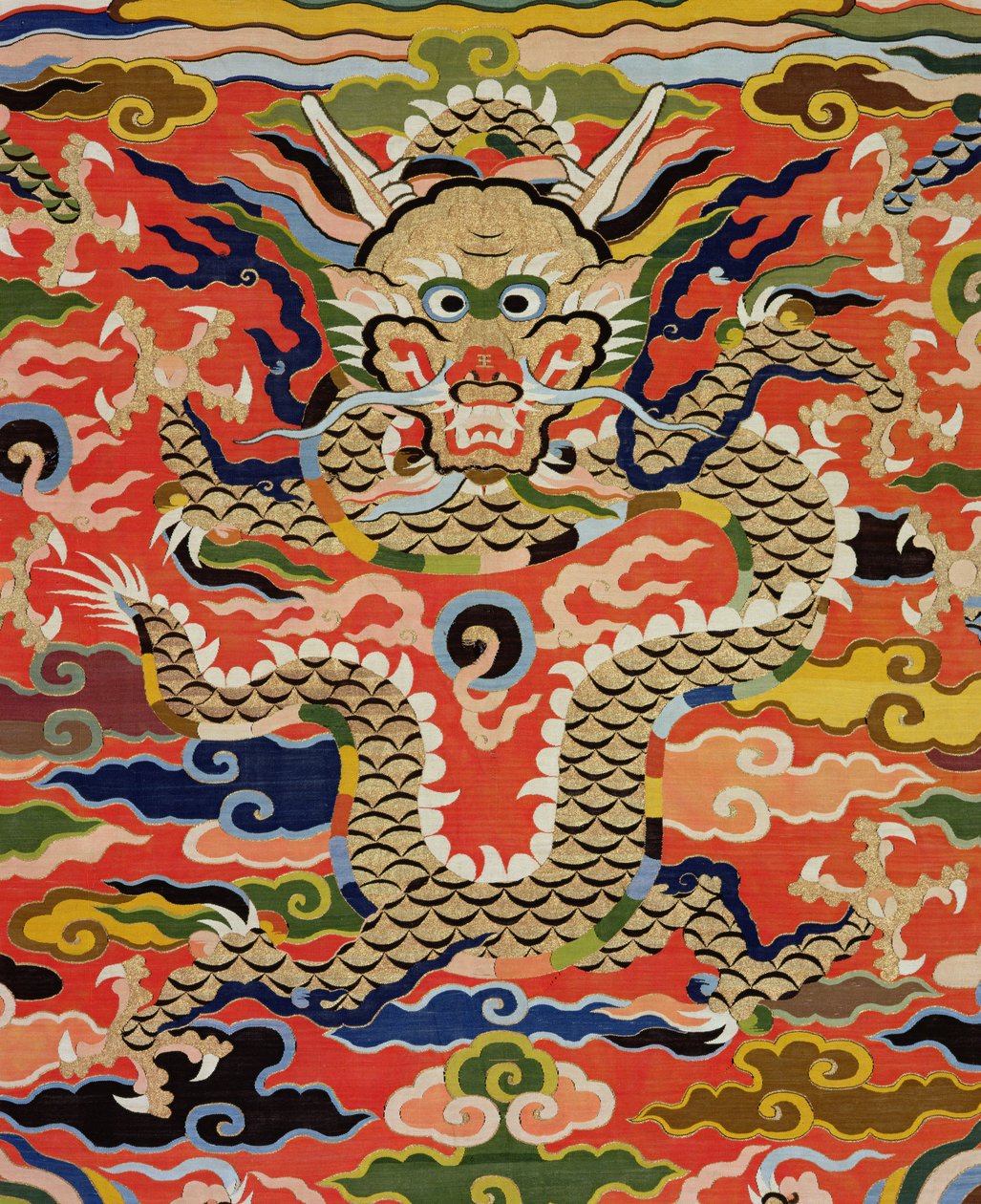Detalj från tyg som föreställer en femdrakar Kossu, Wanli-perioden, 1573-1619 (silke) (se 206710) av Chinese School