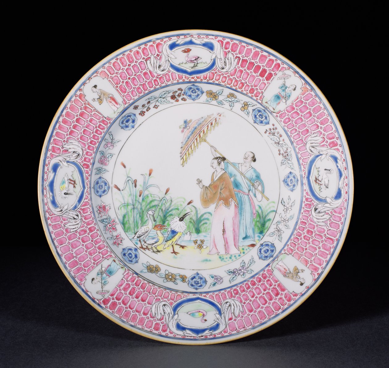 Middagstallrik målad i Famille Rose föreställande La Dame au Parason, efter design av Cornelis Pronk (1691-1759) Qianlong-perioden (1736-95) c.1734 (porslin) av Chinese School