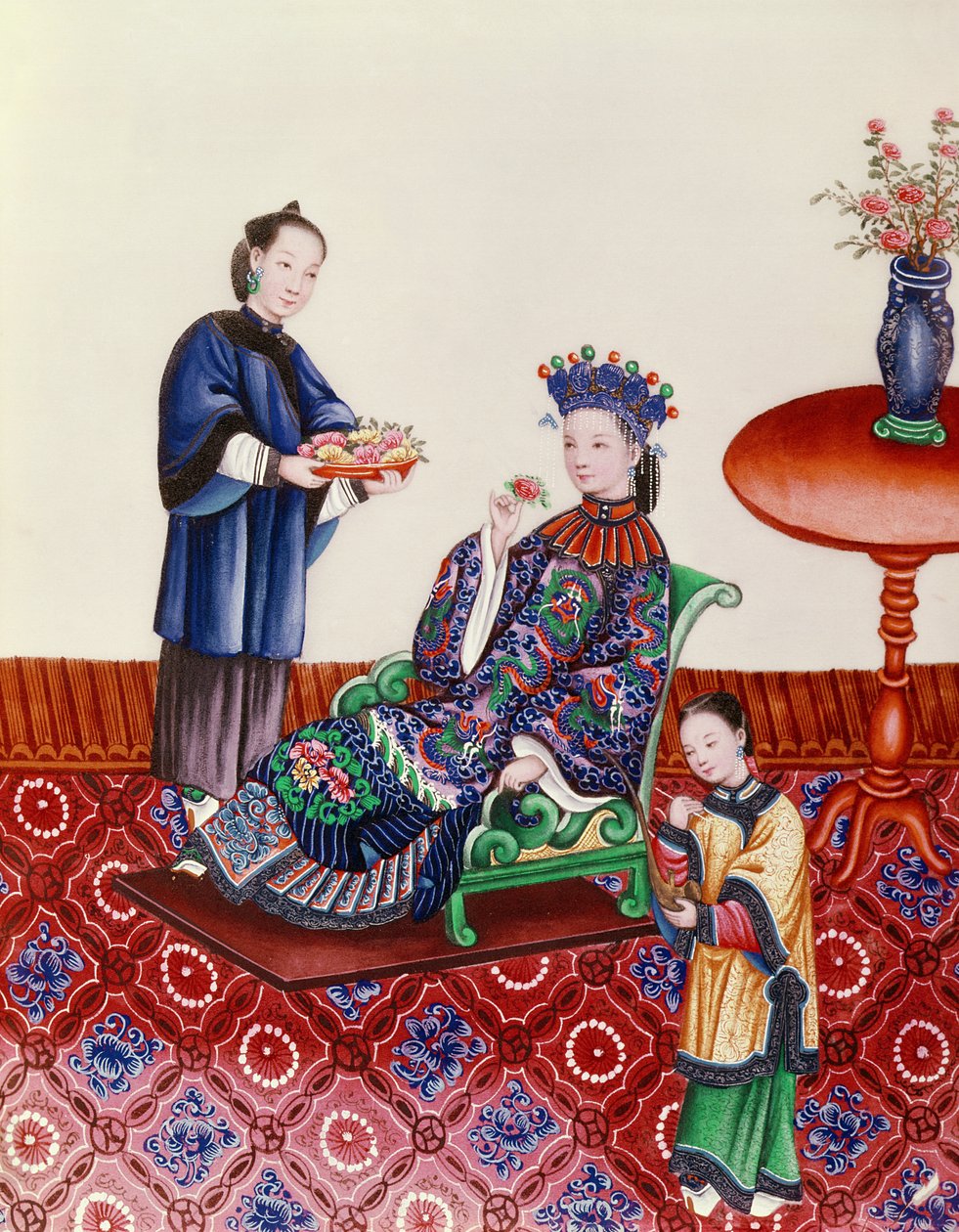 Elegant kinesisk dam som luktar en blomma (gouache) av Chinese School