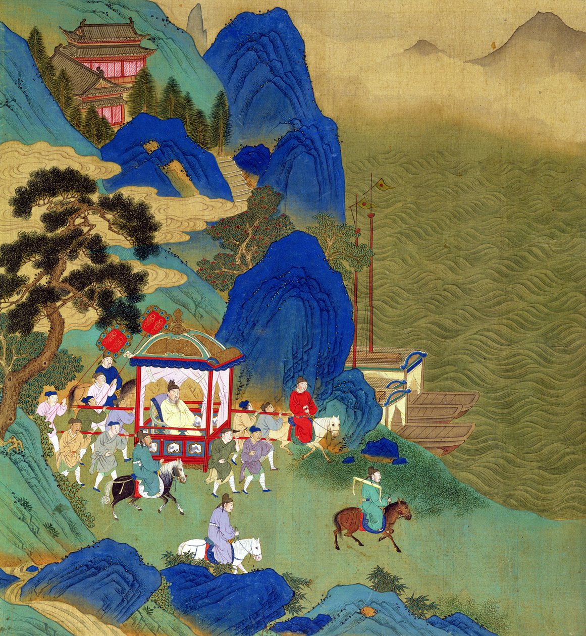 Kejsar Chin Wang Ti (221-206 f.Kr.) reser i en palankin, från en historia av kinesiska kejsare (färg på siden) av Chinese School