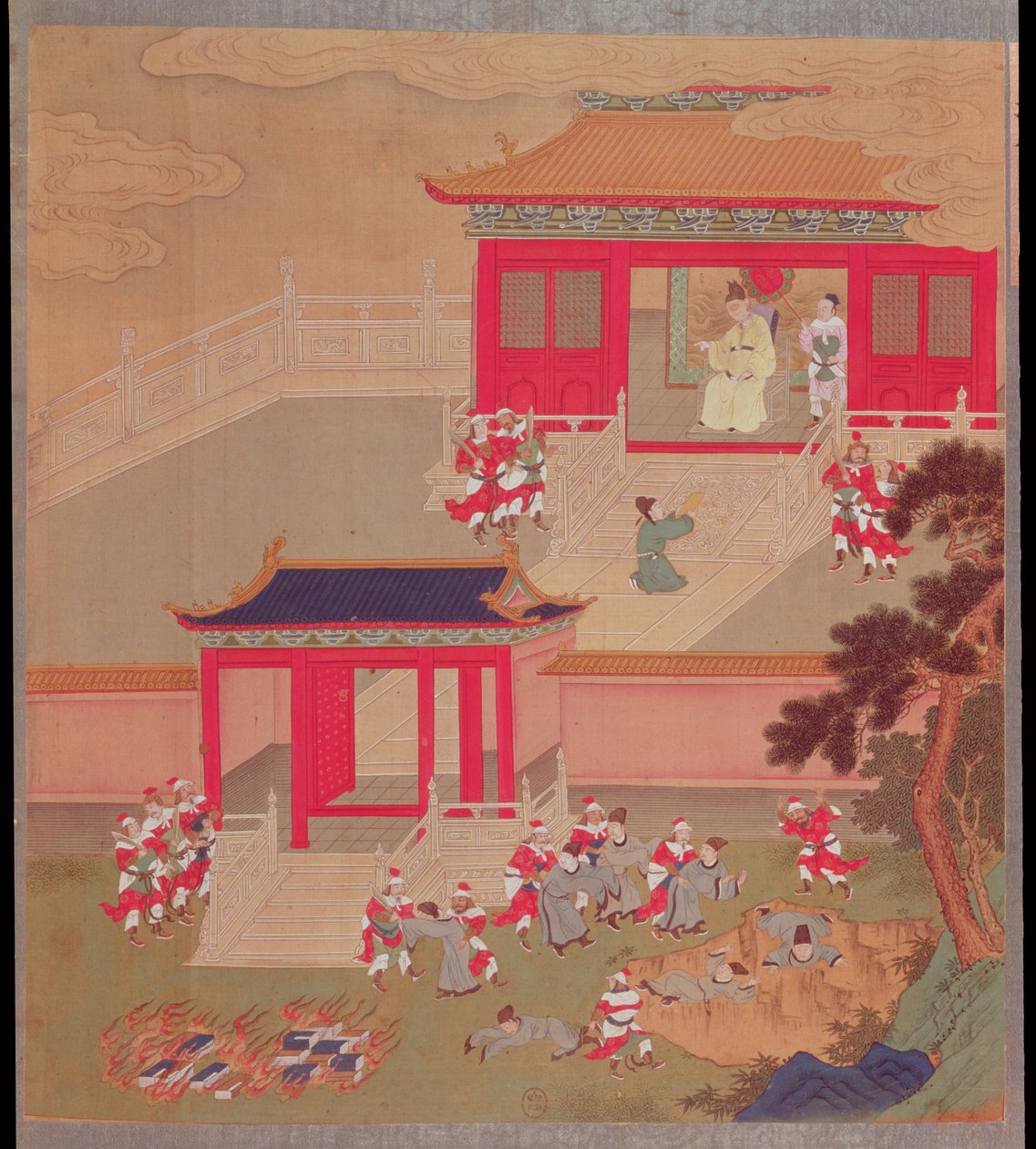 Kejsar Chin Wang Ti (r.221-210 f.Kr.) bränner alla kinesiska böcker och kastar akademikerna i en djup ravin, från en historia av kinesiska kejsare 213 f.Kr. (färg på siden) av Chinese School