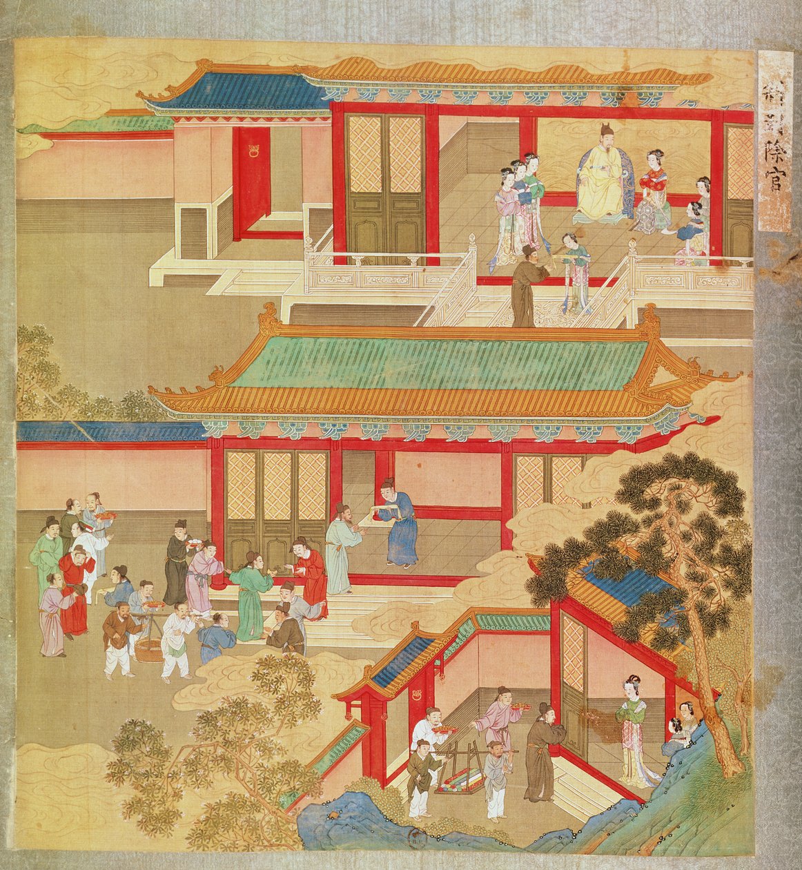 Kejsar Hsuan Tsung (712-756 e.Kr.) hemma, från en historia av kinesiska kejsare (färg på siden) av Chinese School