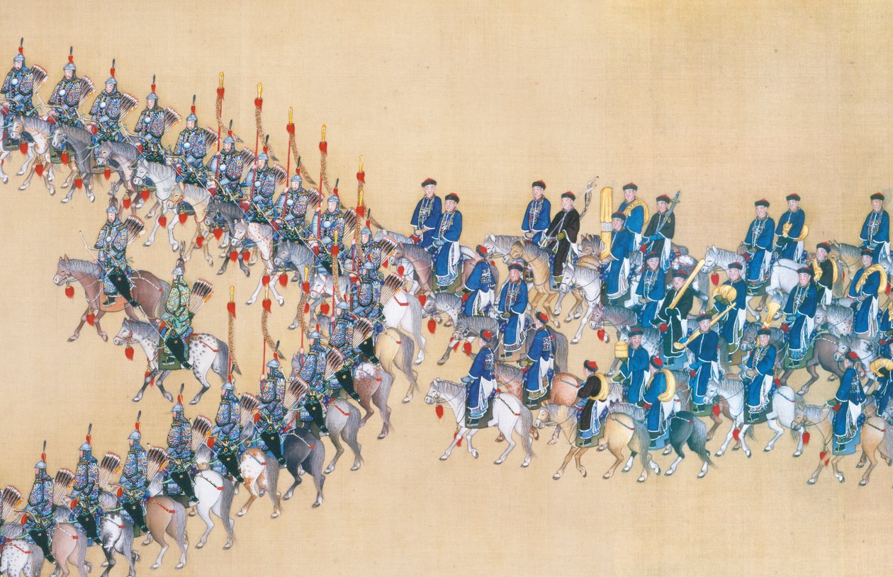 Kejsar Qianlongs genomgång av den stora paraden av trupper, handscroll av Chinese School