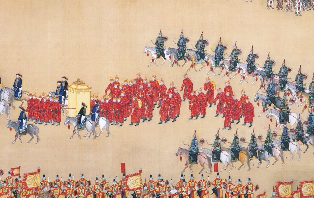 Kejsar Qianlongs genomgång av den stora paraden av trupper, handscroll av Chinese School