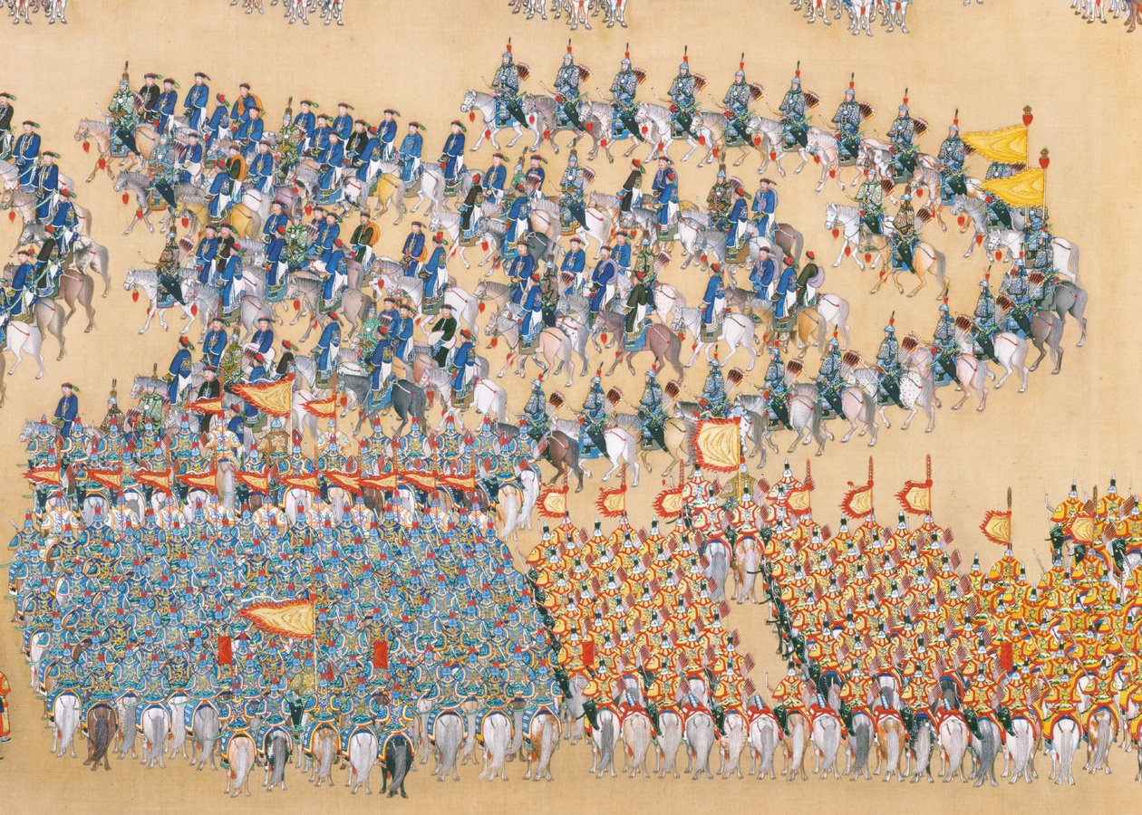 Kejsar Qianlongs genomgång av den stora paraden av trupper, handscroll av Chinese School