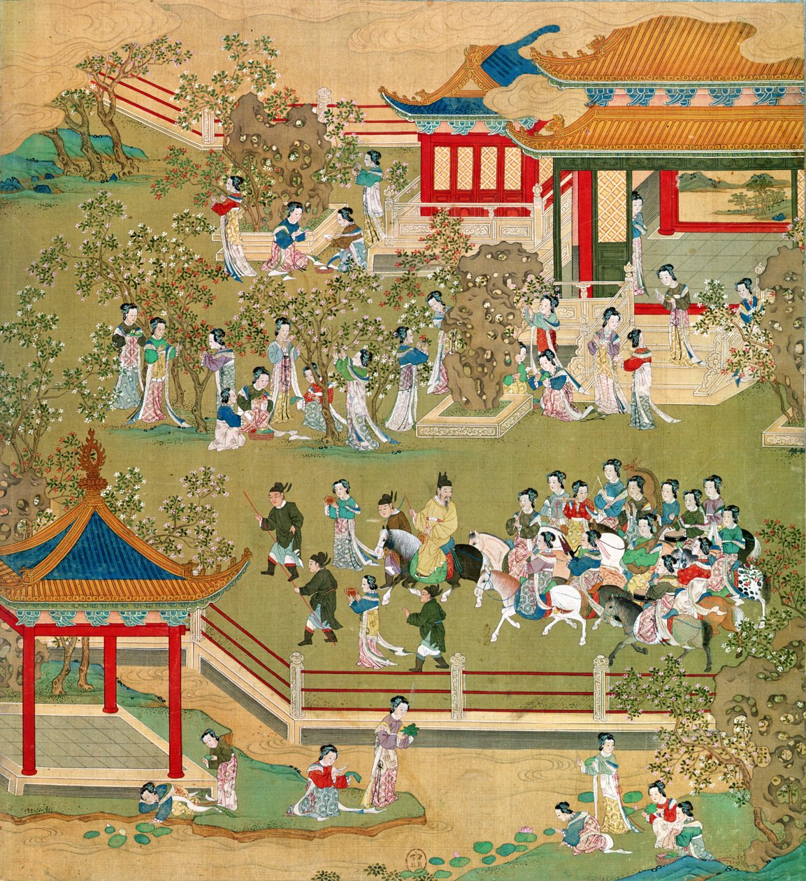 Kejsar Yang Ti (581-618) strosar i sina trädgårdar med sina fruar, från en historia av kinesiska kejsare (färg på siden) (se även 176855) av Chinese School