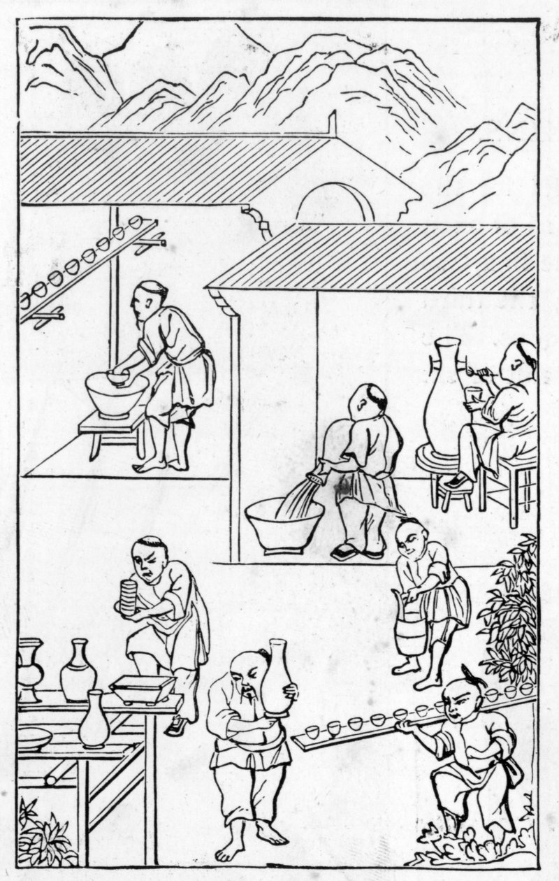 Emaljering, från en serie illustrationer om tillverkning av porslin (se 384116 & 384117 för hela serien) av Chinese School