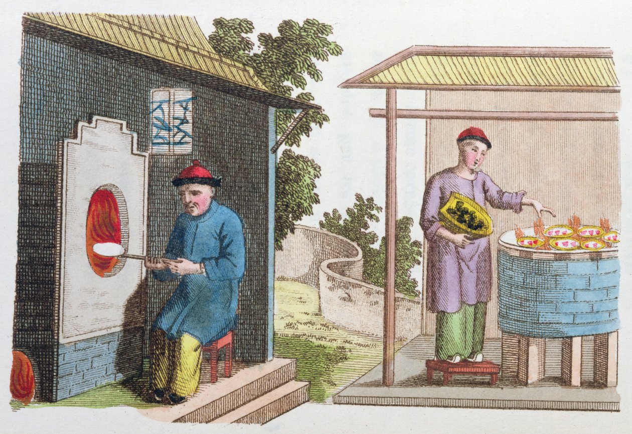 Bränning av porslin i Kina i slutet av 1700-talet, från La Chine en Miniature, av J.B. Breton, Paris, redigerad av Nepveu, 1811 (färgstick) av Chinese School