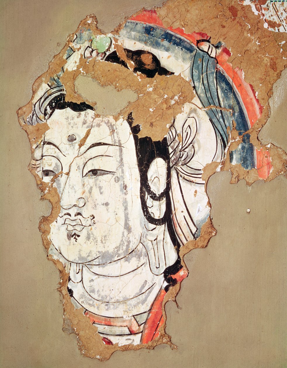 Buddhas huvud med en gloria, från Kao-chang, Xinjiang, kinesiska Turkestan, 800-900-talet av Chinese School