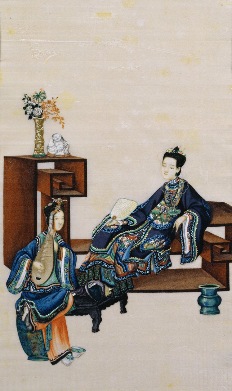 Lady liggande med en tjänare som spelar ett musikinstrument av Chinese School