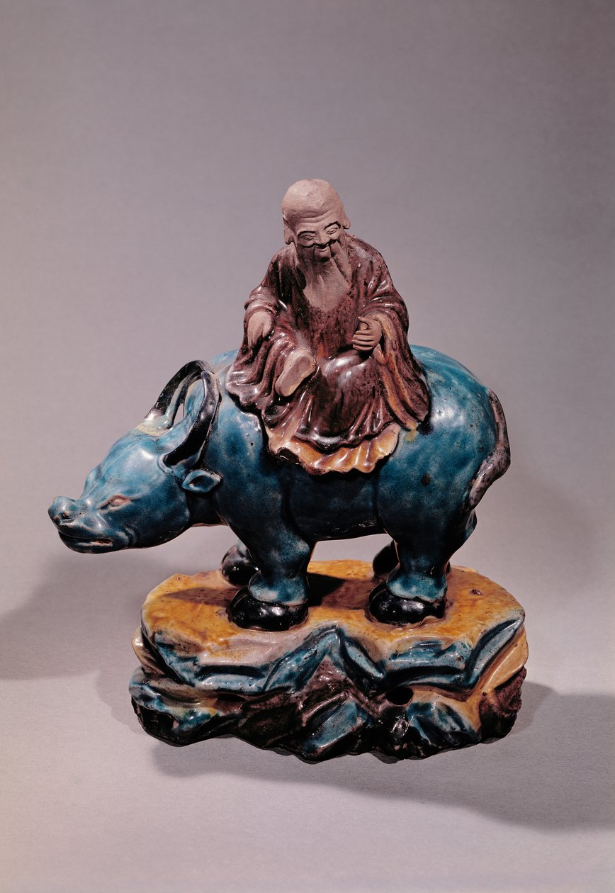 Lao-Tzu (c.604-531 f.Kr.) på sin Buffalo, Qing-dynastin (keramik) av Chinese School