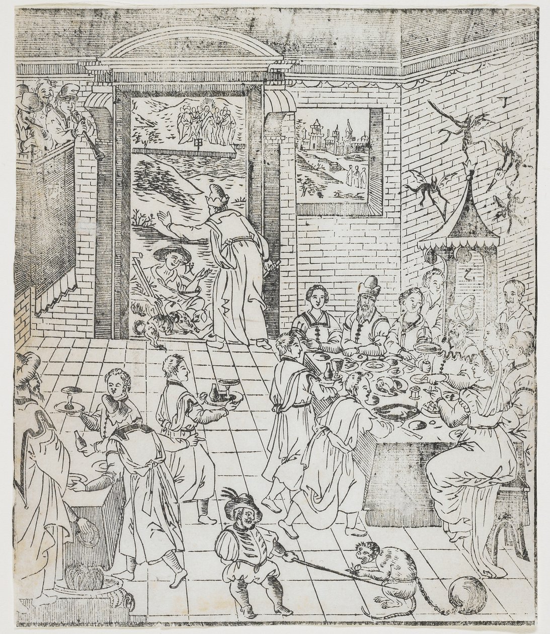 Lazarus i den rike mannens hus, tallrik från Giulio Alenis Tianzhu jiangsheng zhuxiang jingjie (En illustrerad historia om himlens Herre som blev inkarnerad i köttet), Jinjiang-kyrkan, Fu av Chinese School