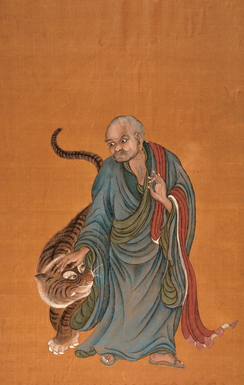 Lohan med tiger, sent 1700-tal till tidigt 1800-tal (färg på siden) av Chinese School