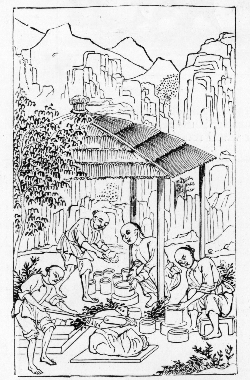 Att göra grova lerfodral för att hålla porslin i ugnen, från en serie illustrationer av tillverkning av porslin (se 384116 & 384117 för hela serien) av Chinese School