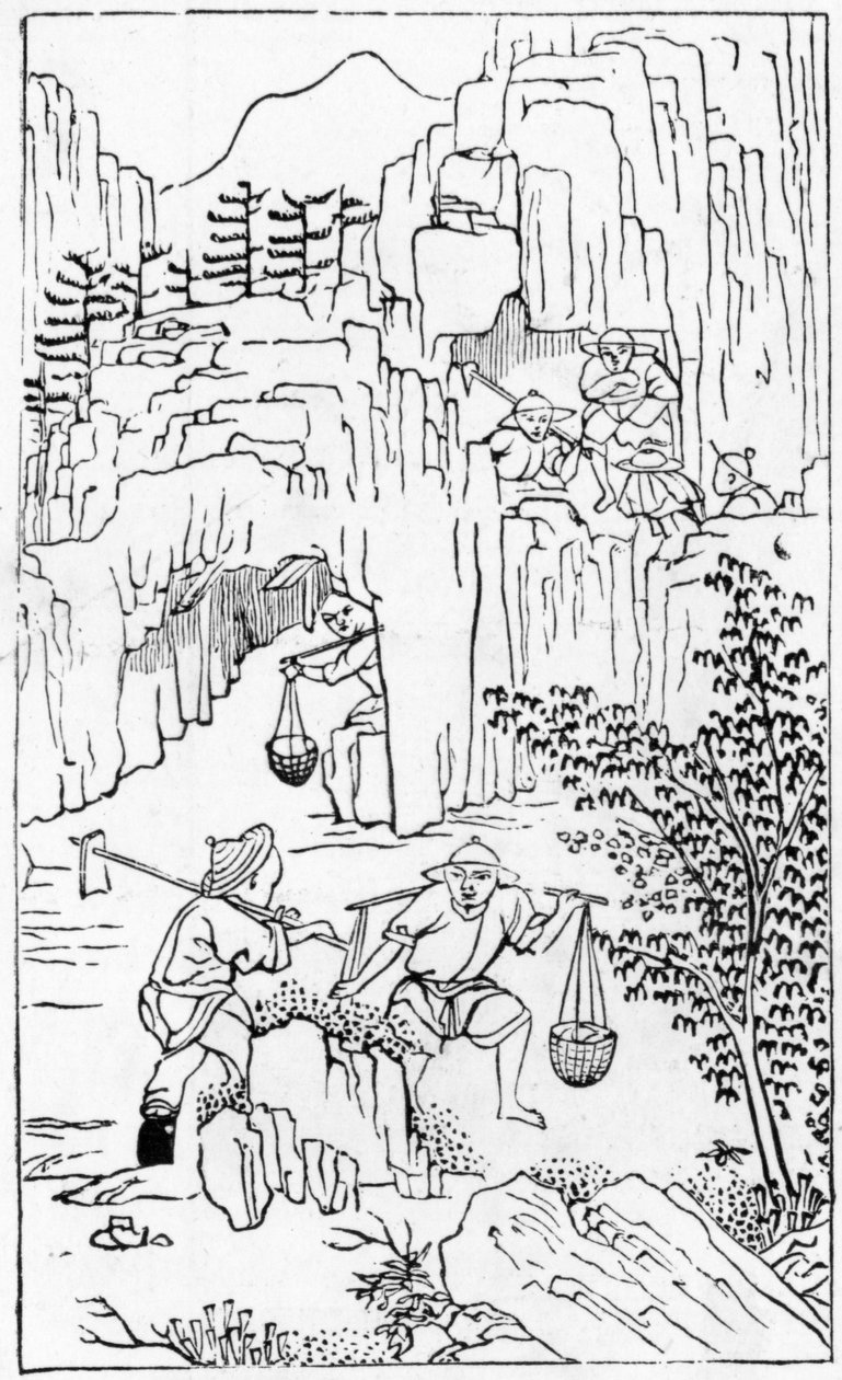 Brytning för vit lera, från en serie illustrationer av tillverkning av porslin (se 384116 & 384117 för hela serien) av Chinese School