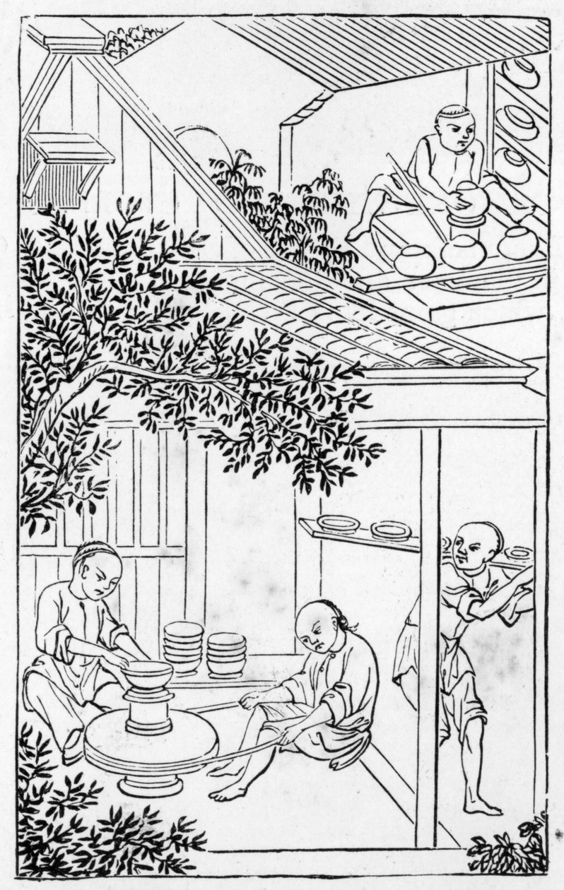Formning och placering på keramikerhjulet, från en serie illustrationer om tillverkning av porslin (se 384116 & 384117 för hela serien) av Chinese School