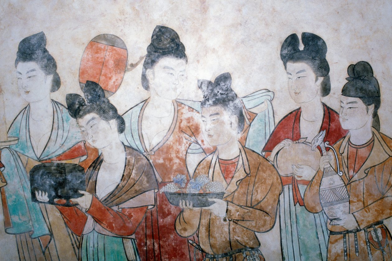 Erbjudande av gåvor, väggmålning från Wu Tse Tiens grav, Chien-gravar, Tangdynastin, Kina, Shan Xi, 800-talet av Chinese School