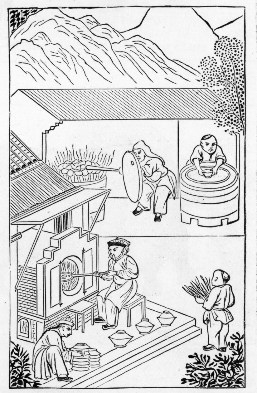 Öppning och stängning av ugnar, från en serie illustrationer om tillverkning av porslin (se 384116 & 384117 för hela serien) av Chinese School