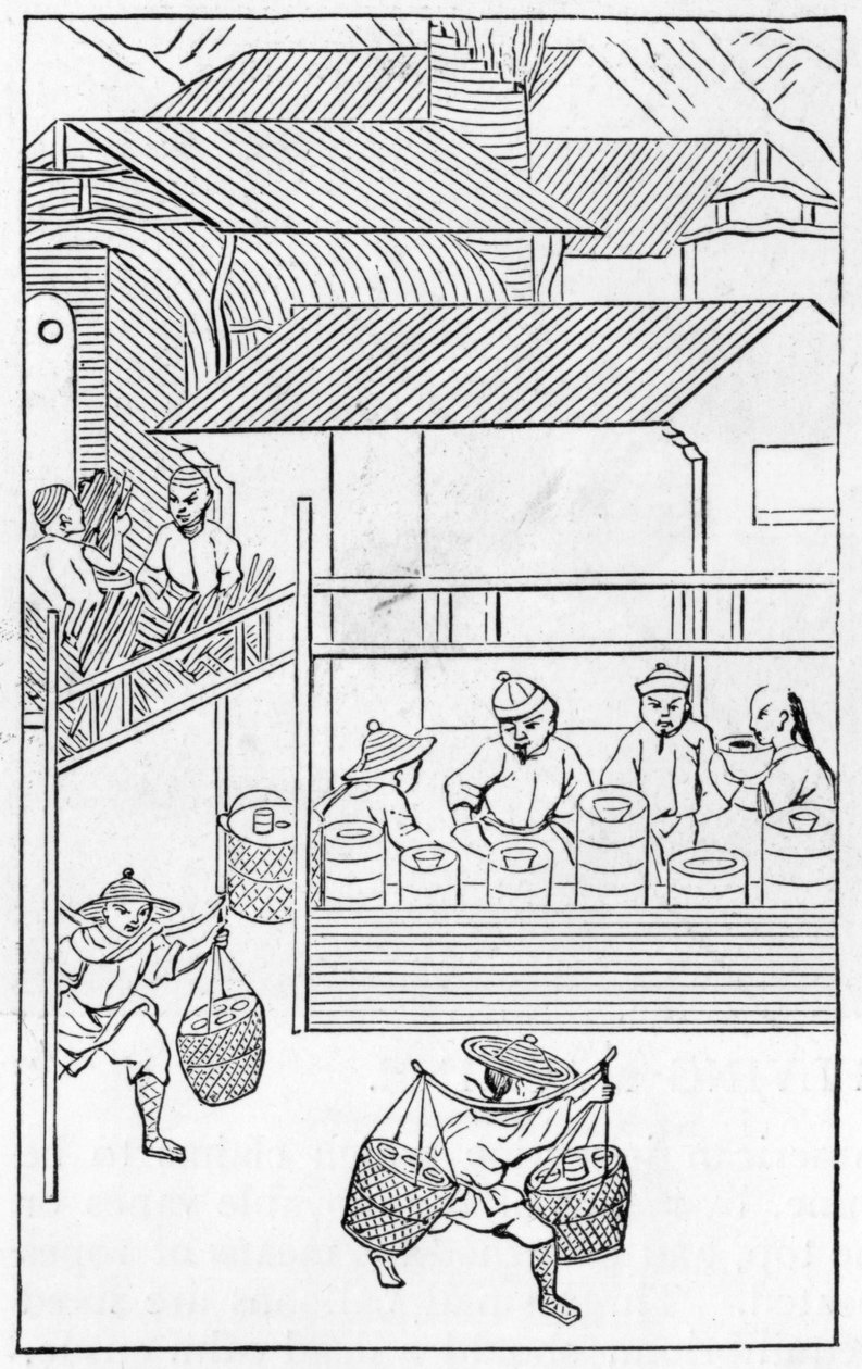 Packa och transportera färdiga produkter, från en serie illustrationer om tillverkning av porslin (se 384116 & 384117 för hela serien) av Chinese School