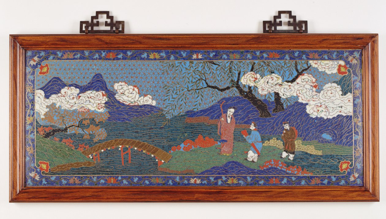 Panel som visar ett kinesiskt landskap, Ming-dynastin (cloisonne-emalj) av Chinese School