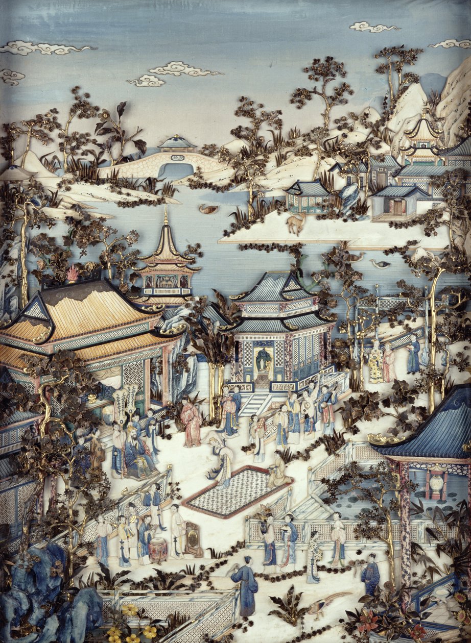 Panel som föreställer en dignitär med skötare som tittar på en kvinnlig dansare, Qianlong-perioden, 1736-95 (en i ett par) (polykromt elfenben) (se 206572) av Chinese School