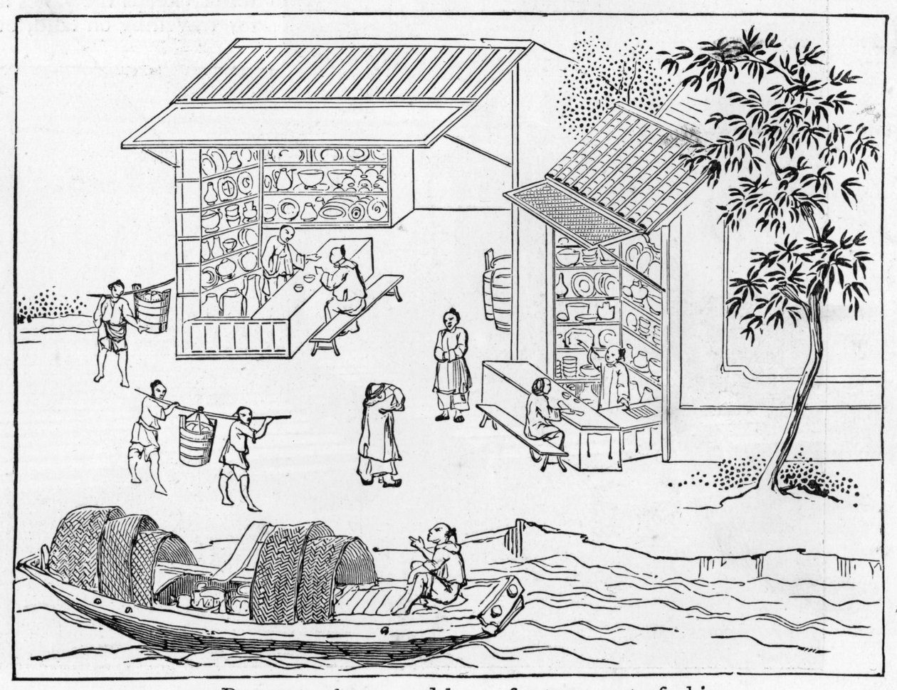 Porslinsbutiker och båtar för transport av porslin, från en serie illustrationer om tillverkning av porslin (se 384116 & 384117 för hela serien) av Chinese School