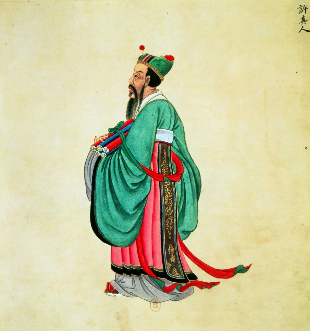 Porträtt av Konfucius (ca 551-479 f.Kr.) (gouache på pappersrulle) av Chinese School