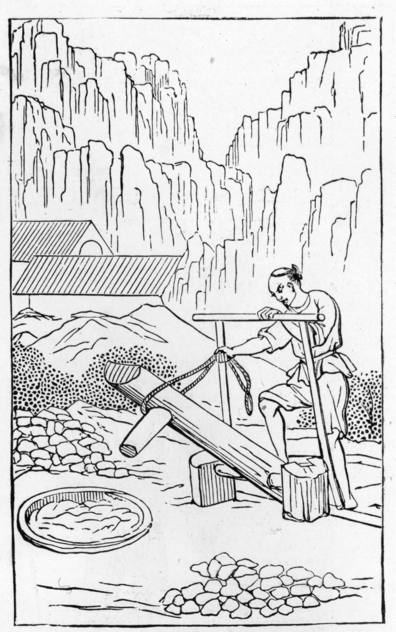 Dunkar i leran, från en serie illustrationer av tillverkning av porslin (se 384116 & 384117 för hela serien) av Chinese School