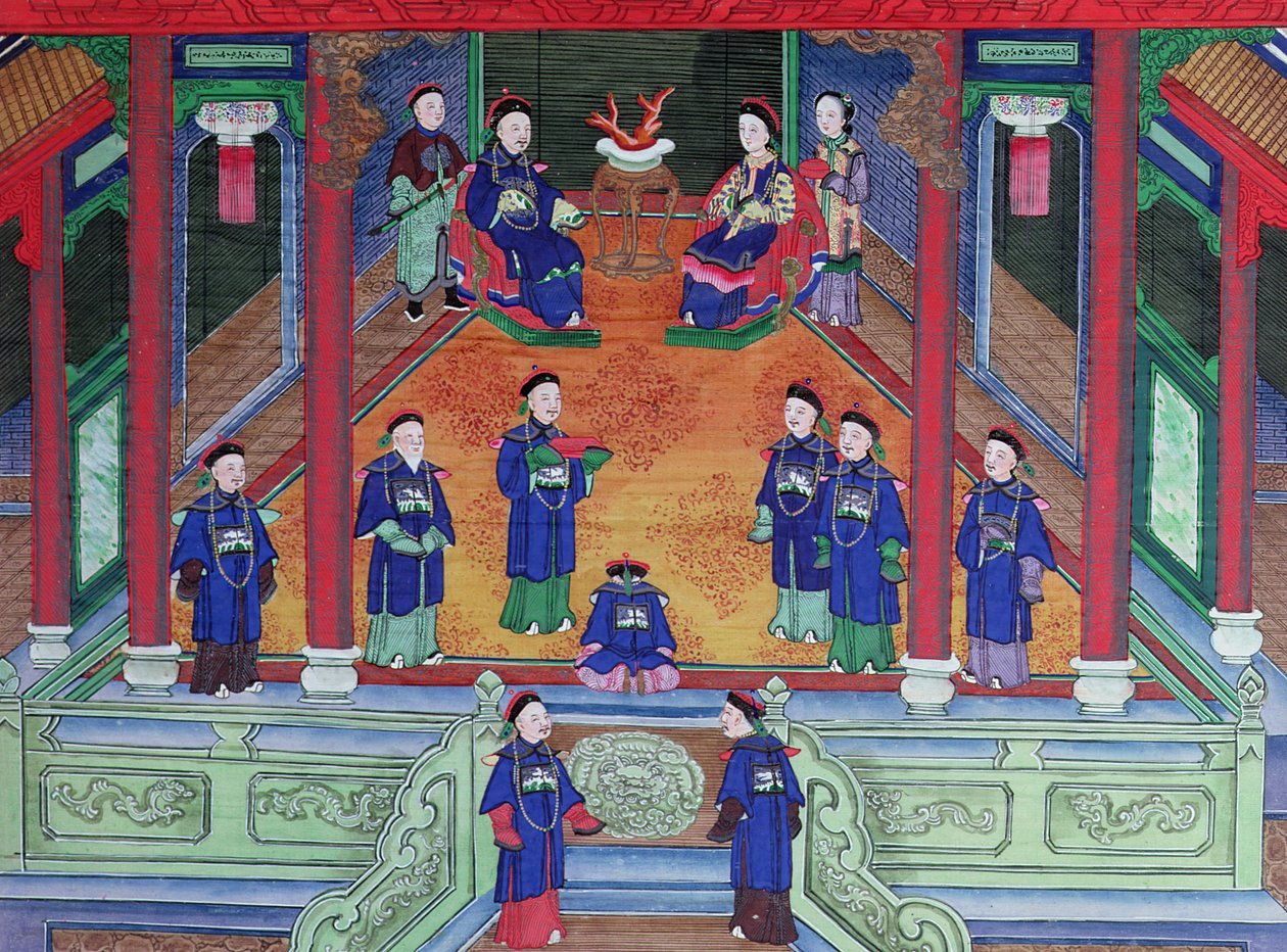 Scen som föreställer en kinesisk kejserlig tjänsteman hemma sittande med sin fru (gouache på siden) av Chinese School