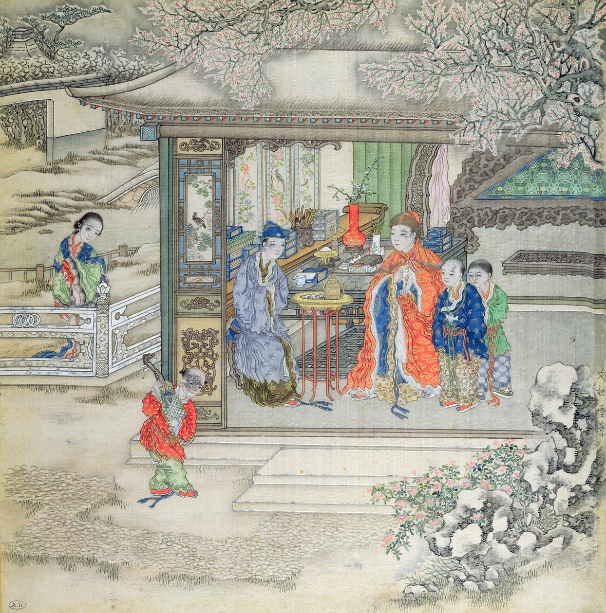 Scen i en trädgård med en familj som tar emot besökare (gouache på siden) av Chinese School