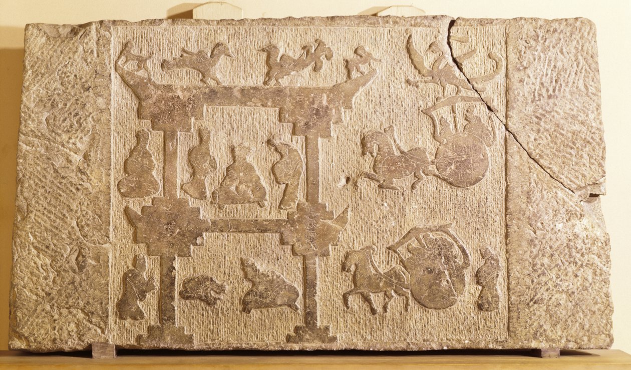 Platta dekorerad med vagnar och mytiska fåglar, Handynastin (206 f.Kr.-220 e.Kr.) (sandsten) av Chinese School