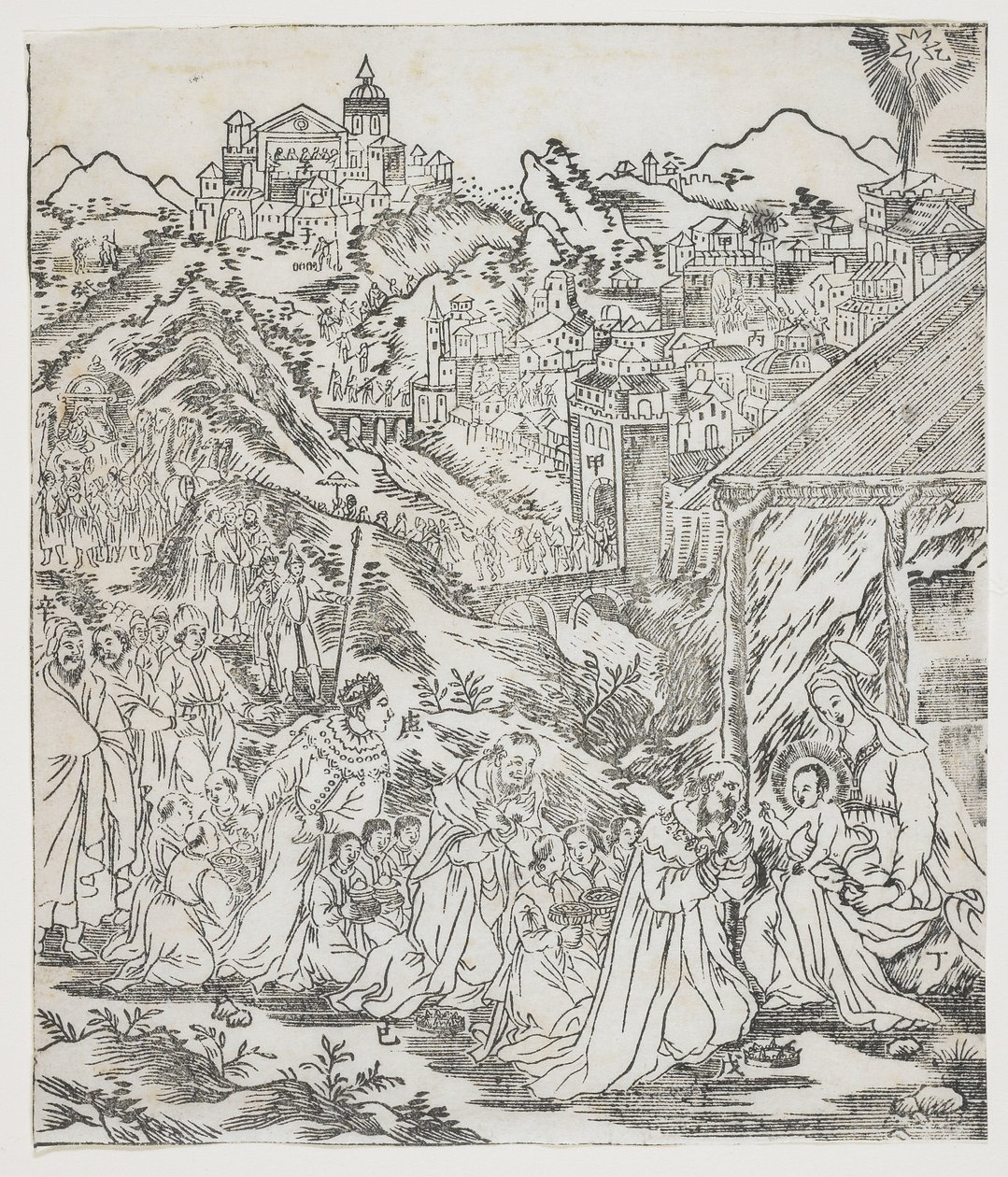 Kristi tillbedjan, tallrik från Giulio Alenis Tianzhu jiangsheng zhuxiang jingjie (En illustrerad historia om himlens Herre som blev inkarnerad i köttet), Jinjiang-kyrkan, Fujian-provinsen av Chinese School