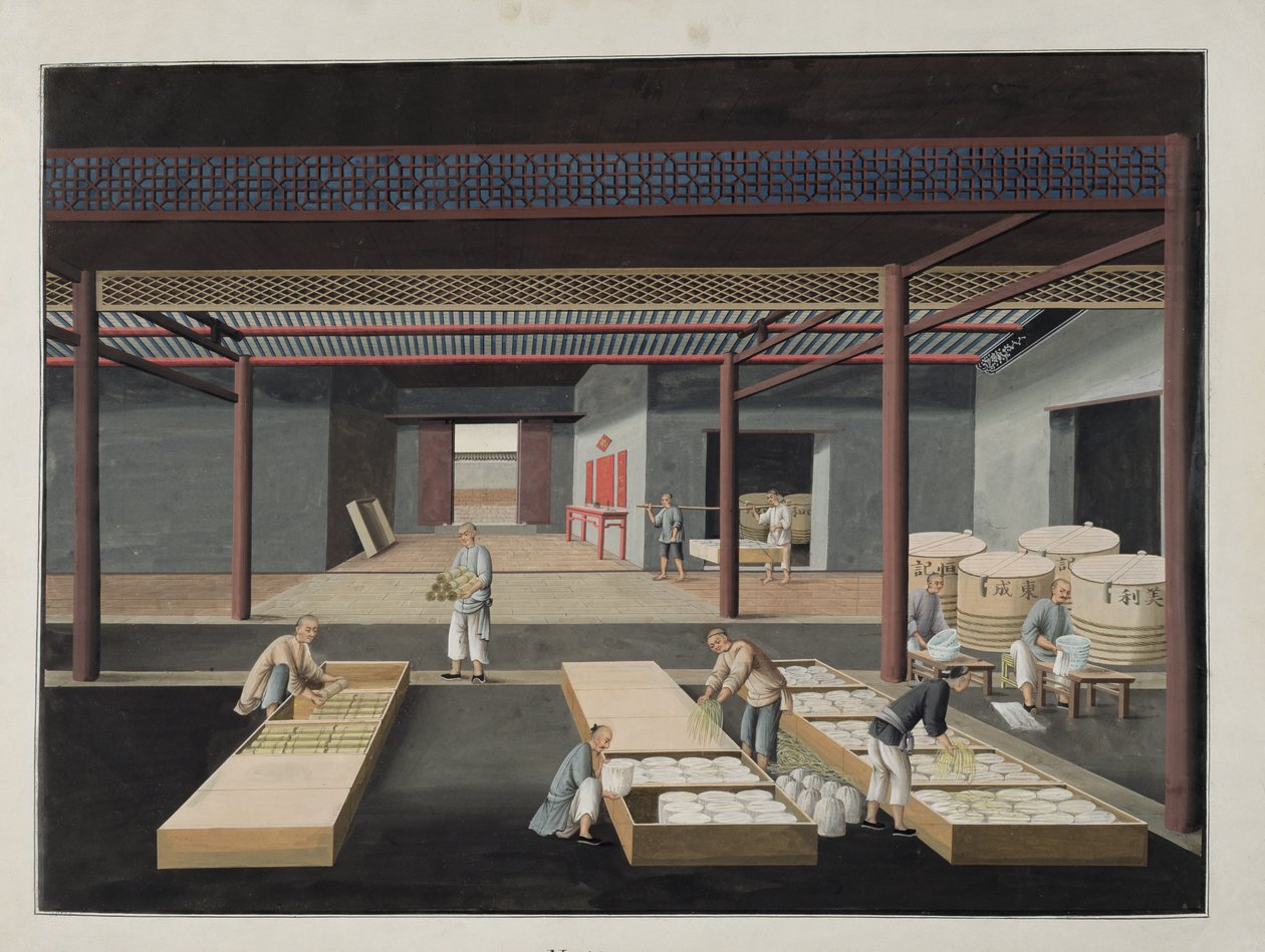 The Crating and Packing of Bowls and Dishes, tallrik 12 i en serie om tolv som skildrar processen för kinesisk porslinstillverkning, 1800-talet av Chinese School