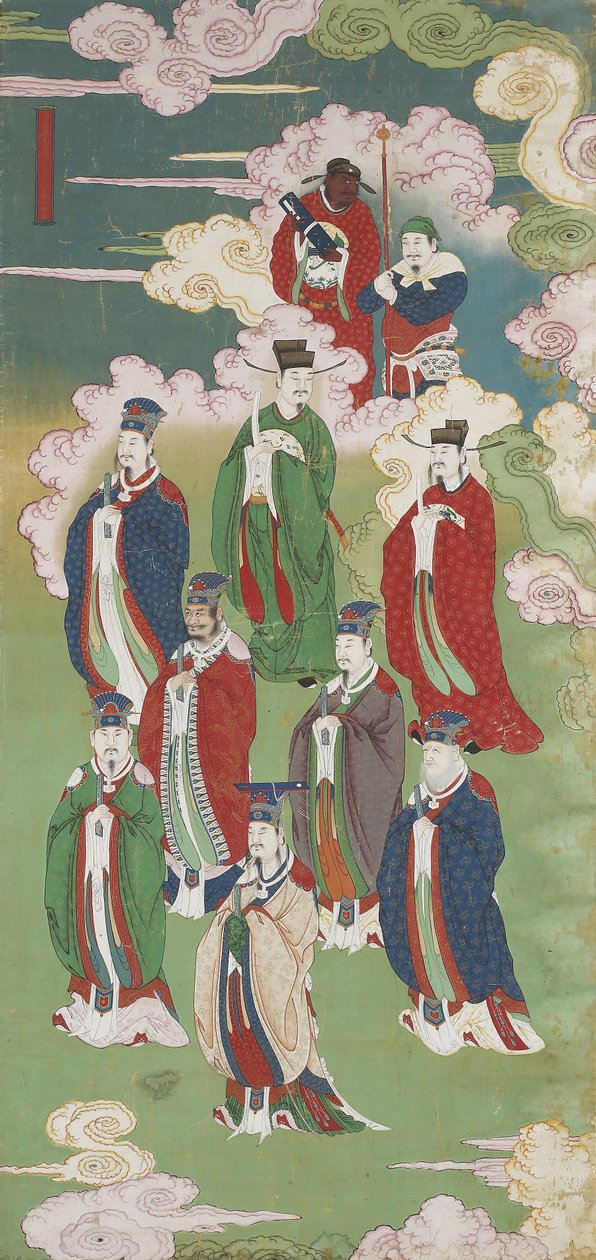 The Exalted Emperors and The Gods of the Five Directions, från en buddhistisk land- och vattenritualuppsättning (bläck, färger & guld på siden) av Chinese School