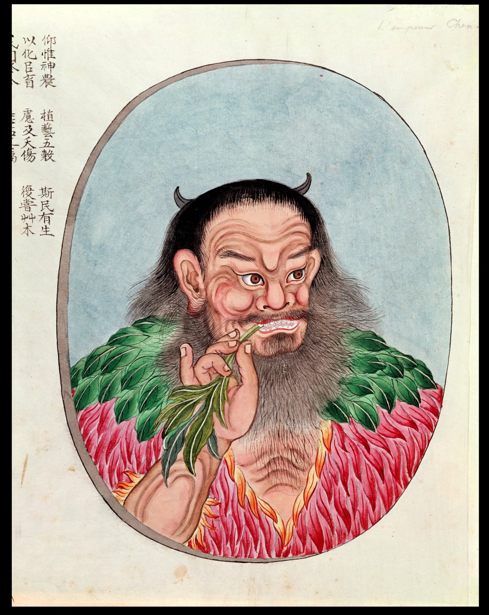 Den legendariska kejsaren Shen-Nung, illustration från en Pen Tsao, 1700-1800-talet av Chinese School