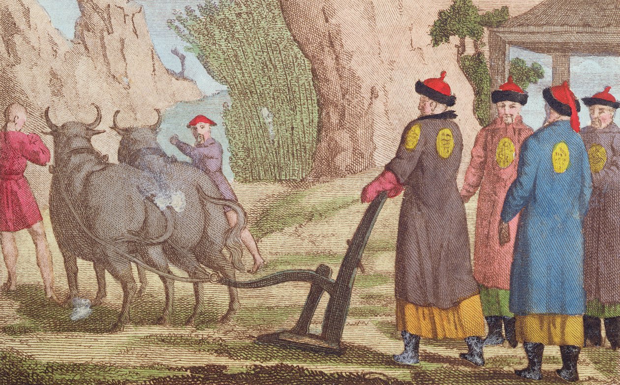 Plöjningsfestivalen i Kina, frontispiceillustration för La Chine en Miniature, av J.B. Breton, Paris, redigerad av Nepveu, 1811 (färgstick) av Chinese School