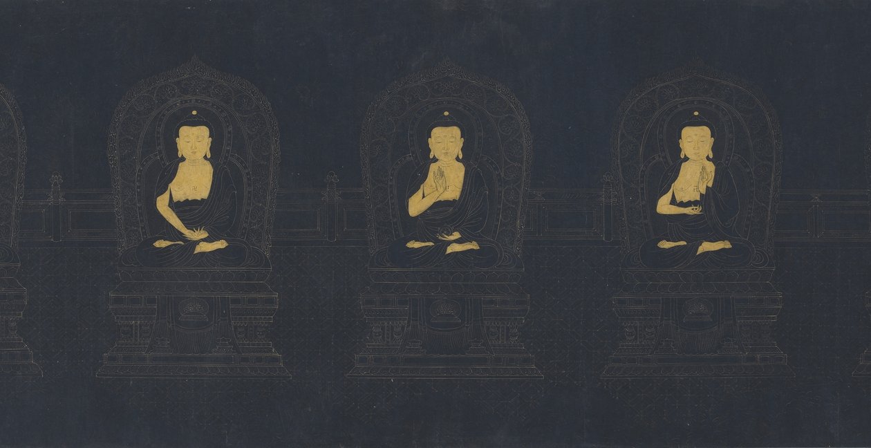 De sju buddorna från det förflutna, möjligen Ming-dynastin (guld och vitt pigment på mörkblått papper) av Chinese School
