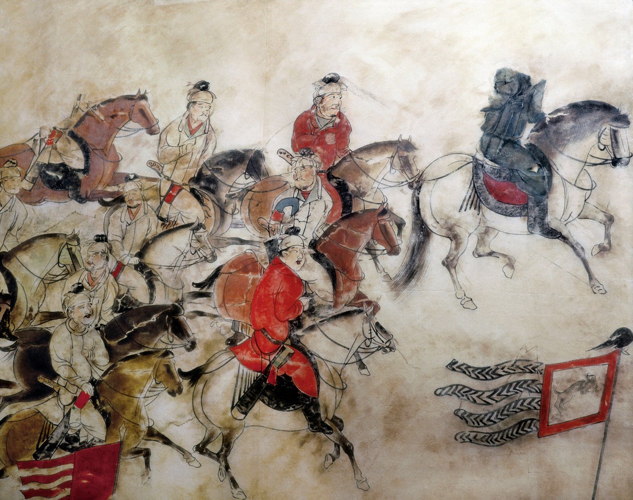 Prins Zhanghuais grav, jaktscen med hästar, Xian, Han-perioden, 706 (väggmålning) av Chinese School