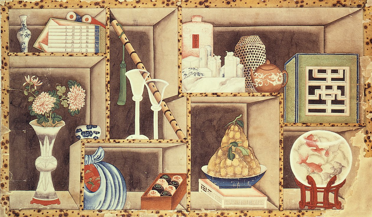 Trompe lOeil of Chinese Objects (wc på papper) av Chinese School
